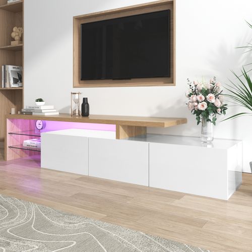 Meuble TV 197,5 Cm Avec Étagères En Verre Et Éclairage LED – 3 Portes, Aspect Bois, Blanc