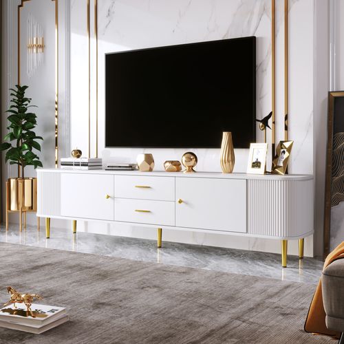 Meuble TV 170cm Avec Rangement Et 2 Tiroirs, Poignées Et Pieds Dorés, Blanc