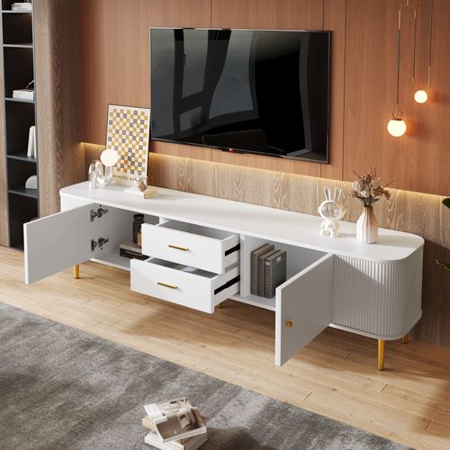 Meuble TV 170cm Avec Rangement Et 2 Tiroirs, Poignées Et Pieds Dorés, Blanc