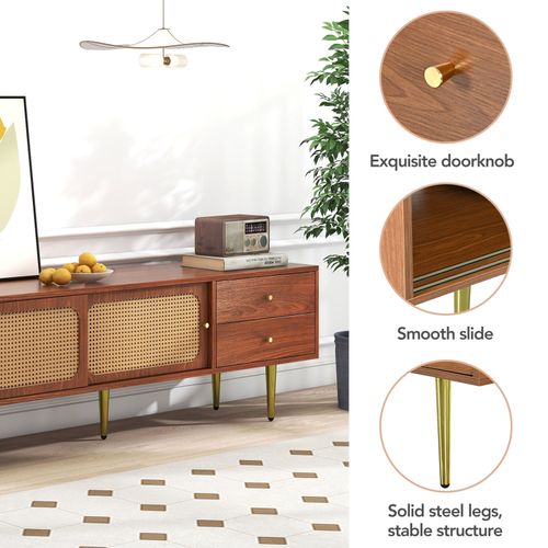 Meuble TV 160x40x60 Cm - 2 Tiroirs, 2 Portes Coulissantes En Rotin - Bois
