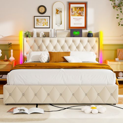 Lit Double Capitonné 160x200 Cm Avec Rangement, Lampe De Chevet LED + Port De Charge, Beige, Velours