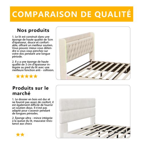 Lit Double Capitonné 160x200 Cm Avec Rangement, Lampe De Chevet LED + Port De Charge, Beige, Velours
