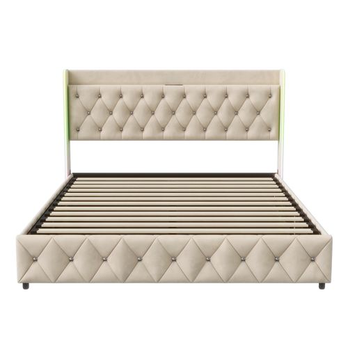 Lit Double Capitonné 160x200 Cm Avec Rangement, Lampe De Chevet LED + Port De Charge, Beige, Velours