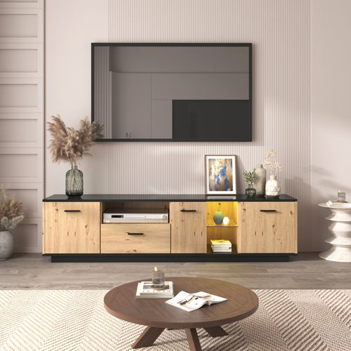 Meuble TV LED Avec 3 Portes, 2 Compartiments Ouverts Et 1 Tiroir Pour Salon, Chambre