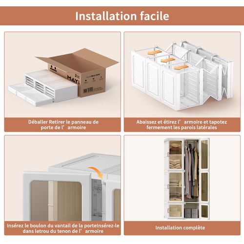 Armoire Portable, 69 X 50 X 170 Cm, Pliable, Avec Tringle à Vêtements Et Portes Magnétiques, Blanche