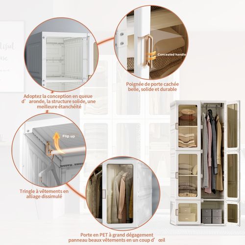 Armoire Portable, 69 X 50 X 170 Cm, Pliable, Avec Tringle à Vêtements Et Portes Magnétiques, Blanche