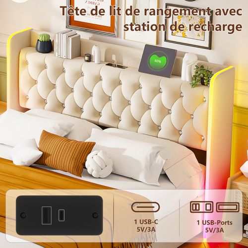 Lit Double Capitonné 140x200 Cm Avec Rangement, Lampe De Chevet LED + Port De Charge, Beige, Velours