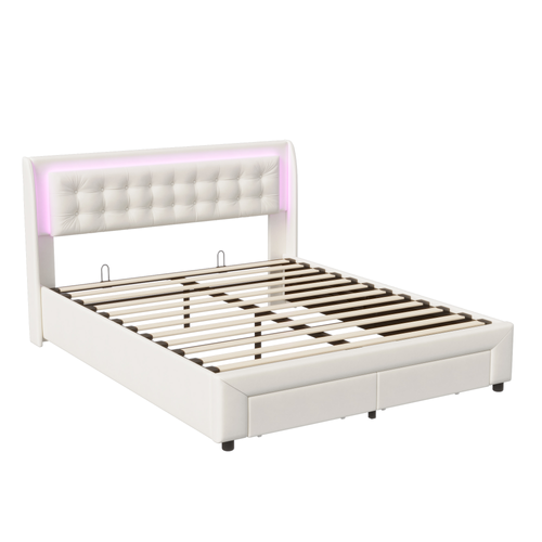 Lit Double140x190cm Avec Tête De Lit Et Sommier à Lattes, Avec Tiroirs De Rangement, Beige