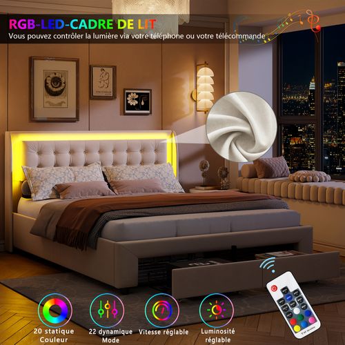 Lit Double140x190cm Avec Tête De Lit Et Sommier à Lattes, Avec Tiroirs De Rangement, Beige