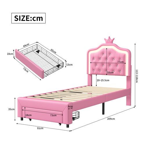 Cadre De Lit Crown 90 X 200 Cm Avec Éclairage LED Et Tête De Lit Réglable, Avec Tiroirs,rose