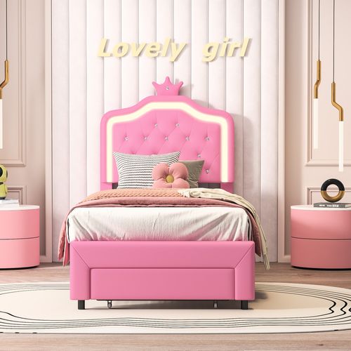 Cadre De Lit Crown 90 X 200 Cm Avec Éclairage LED Et Tête De Lit Réglable, Avec Tiroirs,rose