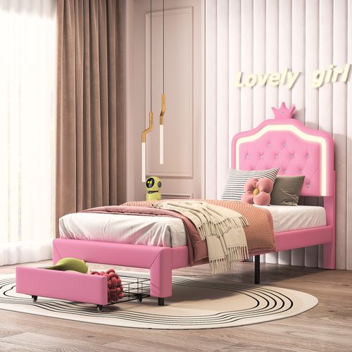 Cadre De Lit Crown 90 X 200 Cm Avec Éclairage LED Et Tête De Lit Réglable, Avec Tiroirs,rose