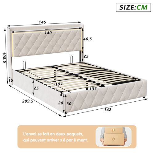 Lit Double Rembourré 140X200Cm Avec Tête De Lit LED Et Fonction De Charge, Rangement, Velours, Beige