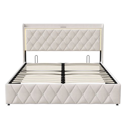 Lit Double Rembourré 140X200Cm Avec Tête De Lit LED Et Fonction De Charge, Rangement, Velours, Beige