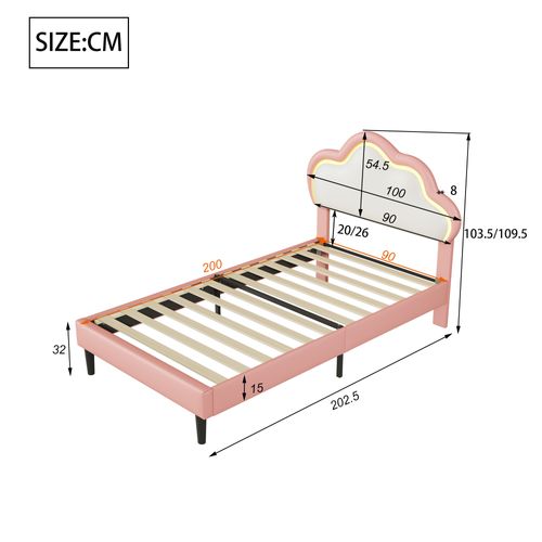 Lit Enfant Rembourré 90 X 200 Cm Avec Éclairage LED, Tête De Lit Réglable En Nuage, Rose