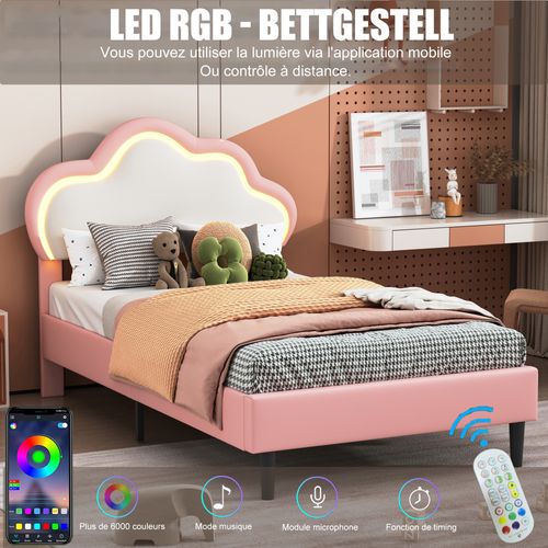 Lit Enfant Rembourré 90 X 200 Cm Avec Éclairage LED, Tête De Lit Réglable En Nuage, Rose