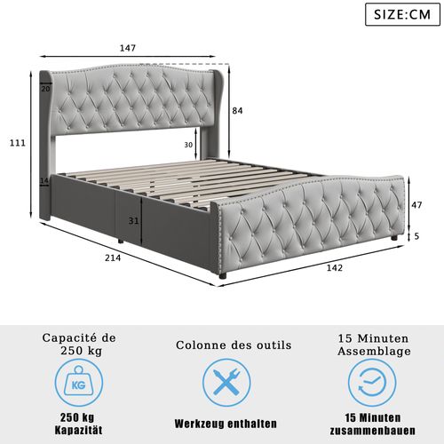Lit Coffre Adulte, 140x200 Cm, Lit Double Tapissé Avec Tête De Lit, Velours, Gris