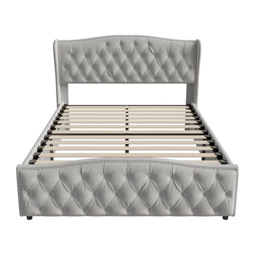 Lit Coffre Adulte, 140x200 Cm, Lit Double Tapissé Avec Tête De Lit, Velours, Gris