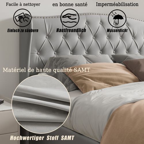 Lit Coffre Adulte, 140x200 Cm, Lit Double Tapissé Avec Tête De Lit, Velours, Gris