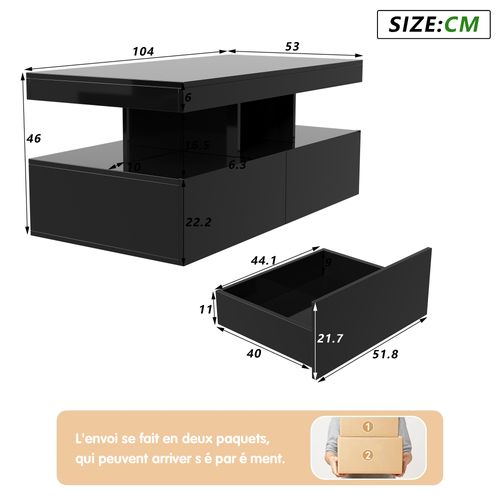 Table Basse LED Moderne Avec Étagères Ouvertes Et 2 Tiroirs, Design Double Couche, Noir