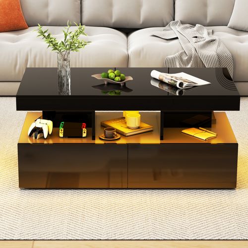 Table Basse LED Moderne Avec Étagères Ouvertes Et 2 Tiroirs, Design Double Couche, Noir