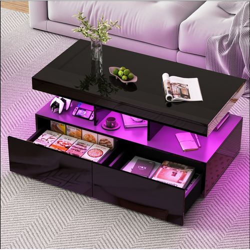 Table Basse LED Moderne Avec Étagères Ouvertes Et 2 Tiroirs, Design Double Couche, Noir