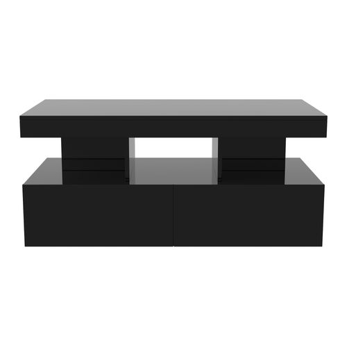 Table Basse LED Moderne Avec Étagères Ouvertes Et 2 Tiroirs, Design Double Couche, Noir