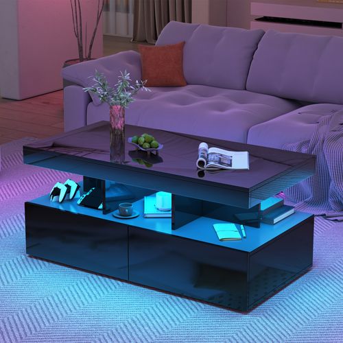 Table Basse LED Moderne Avec Étagères Ouvertes Et 2 Tiroirs, Design Double Couche, Noir