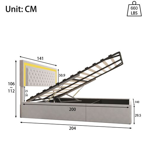 Lit Double Capitonné 140 X 200 Cm Avec Rangement Et Éclairage LED, Sommier à Lattes, Velours Beige