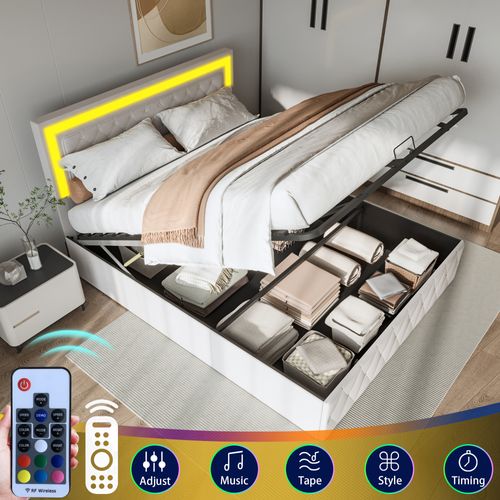 Lit Double Capitonné 140 X 200 Cm Avec Rangement Et Éclairage LED, Sommier à Lattes, Velours Beige