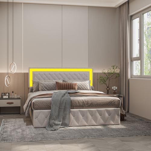 Lit Double Capitonné 140 X 200 Cm Avec Rangement Et Éclairage LED, Sommier à Lattes, Velours Beige