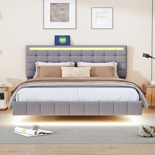 Lit Flottant 140x190 Cm Avec LEDs Et Ports USB - Tête De Lit Rembourrée Réglable, Velours, Sommier Lattes