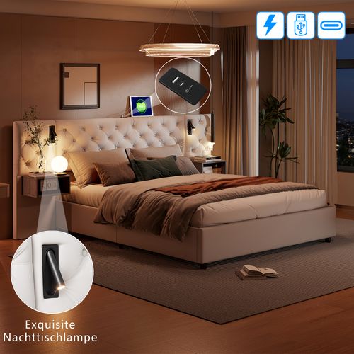 Lit Coffre Adulte 140x200 Cm Avec Tête De Lit, Liseuse, Port USB, 2 Tables De Chevet, Velours, Blanc