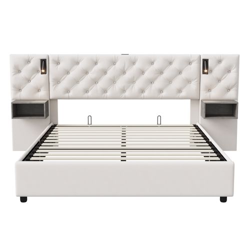 Lit Coffre Adulte 140x200 Cm Avec Tête De Lit, Liseuse, Port USB, 2 Tables De Chevet, Velours, Blanc