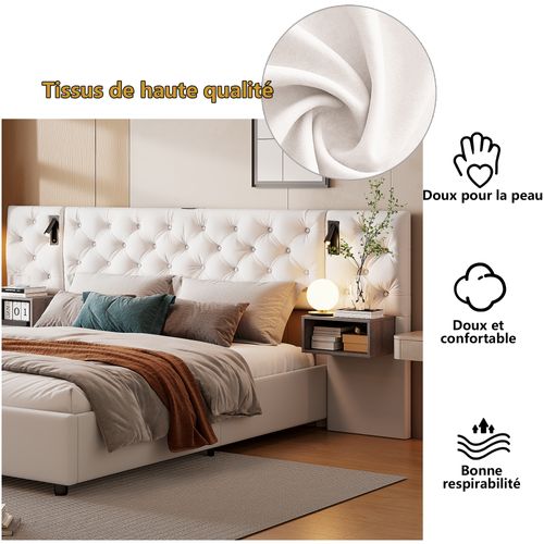 Lit Coffre Adulte 140x200 Cm Avec Tête De Lit, Liseuse, Port USB, 2 Tables De Chevet, Velours, Blanc