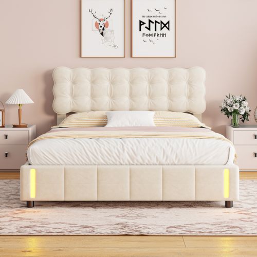 Lit Coffre 140x200cm, Cadre De Lit Rembourré Avec Éclairage LED Et Sommier à Lattes, Velours Beige