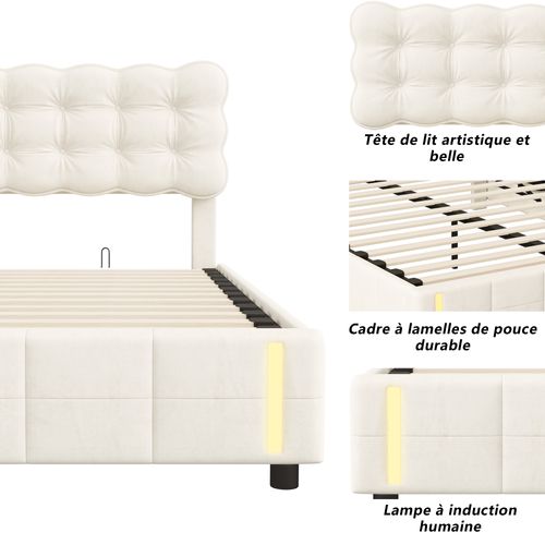 Lit Coffre 140x200cm, Cadre De Lit Rembourré Avec Éclairage LED Et Sommier à Lattes, Velours Beige