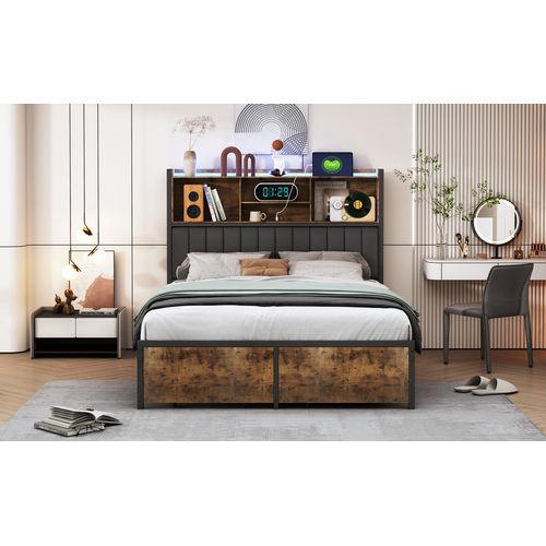 Lit Double Avec Rangement160x200cm, Port USB Éclairage LED Et 2 Tiroirs, Lit En Métal Et Bois Massif