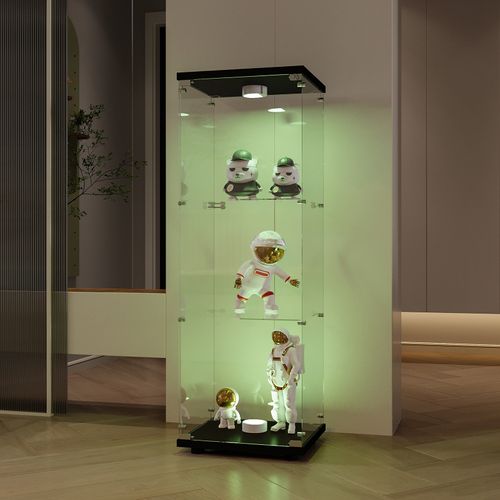 Vitrine LED En Verre, 3 Niveaux, Avec Porte, Serrure Et Éclairage, Affichage Transparent, Noir