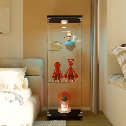 Vitrine LED En Verre, 3 Niveaux, Avec Porte, Serrure Et Éclairage, Affichage Transparent, Noir