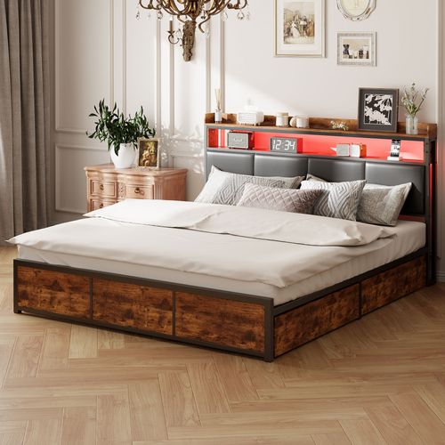 Cadre De Lit Double Marron Vintage Avec 4 Tiroirs, Cadre De Lit En Métal Éclairé Par LED, 180 X 200