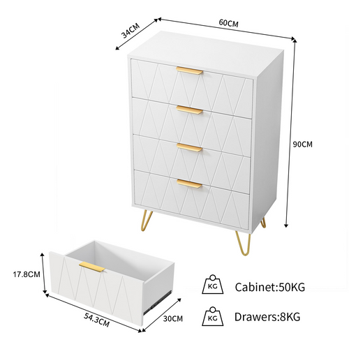 Chiffonnier 4 Tiroirs, Meuble De Rangement Avec Poignées Et Pieds Dorés, Blanc