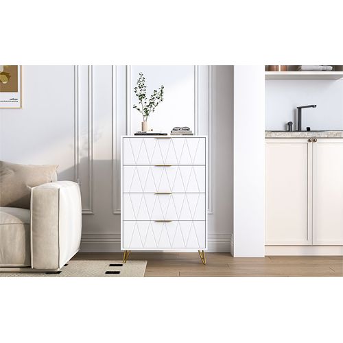Chiffonnier 4 Tiroirs, Meuble De Rangement Avec Poignées Et Pieds Dorés, Blanc