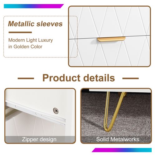 Chiffonnier 4 Tiroirs, Meuble De Rangement Avec Poignées Et Pieds Dorés, Blanc