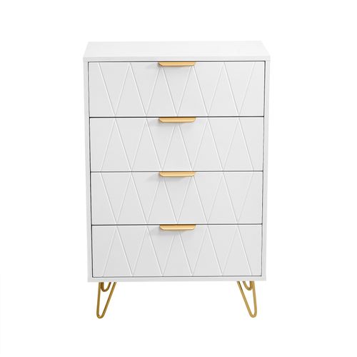 Chiffonnier 4 Tiroirs, Meuble De Rangement Avec Poignées Et Pieds Dorés, Blanc