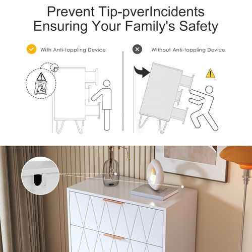 Chiffonnier 4 Tiroirs, Meuble De Rangement Avec Poignées Et Pieds Dorés, Blanc