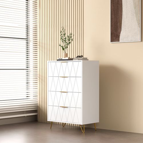 Chiffonnier 4 Tiroirs, Meuble De Rangement Avec Poignées Et Pieds Dorés, Blanc