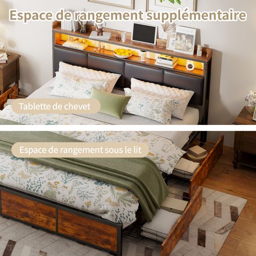 Cadre De Lit Double Marron Vintage Avec 4 Tiroirs, Cadre De Lit En Métal Éclairé Par LED, 140 X 200