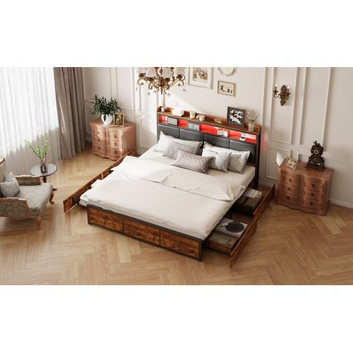 Cadre De Lit Double Marron Vintage Avec 4 Tiroirs, Cadre De Lit En Métal Éclairé Par LED, 140 X 200
