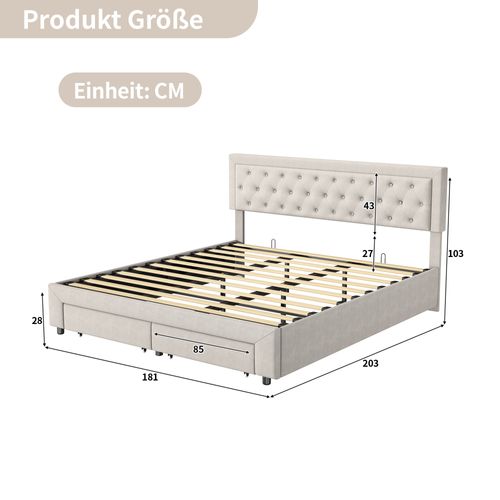 Lit Double 180x200 Avec Rangement Et Tête De Lit Capitonnée, Tiroirs En Fer, Velours, Beige